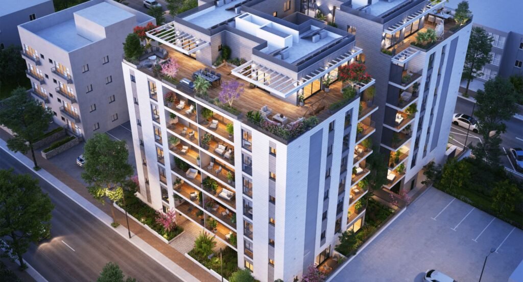 24 Borochov, Ra'anana: aerial view of the rooftop terraces (developer rendering)