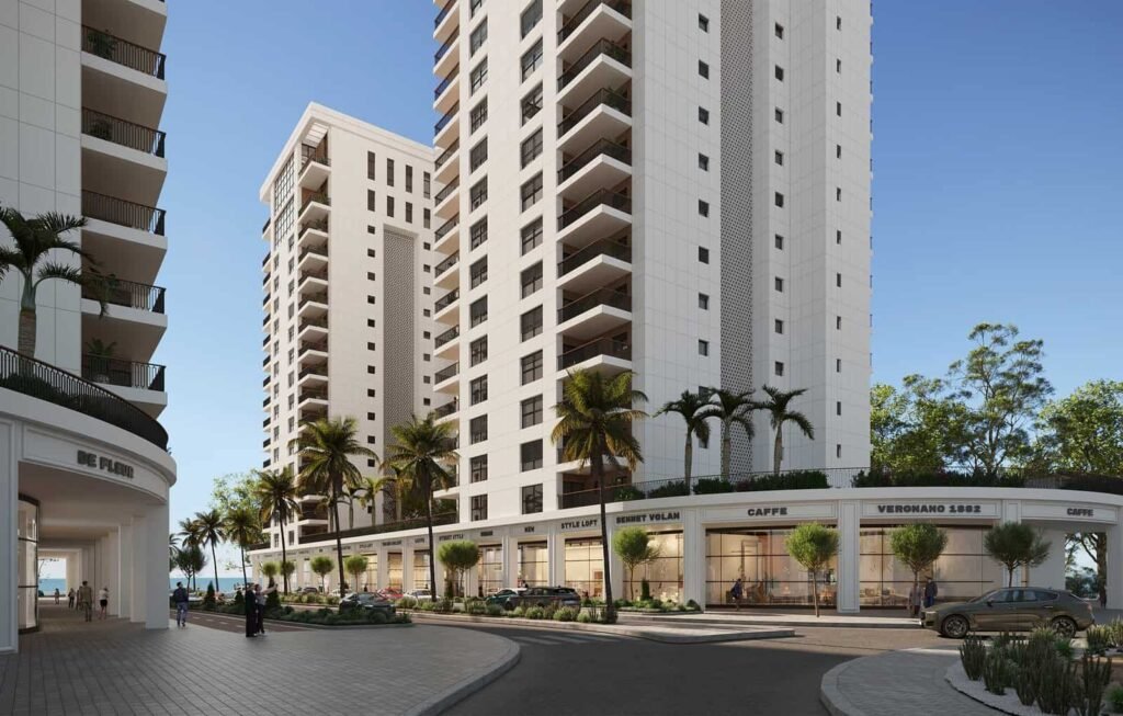 Briga Blue Bay, Netanya: residential towers and retail center at street level (developer rendering)