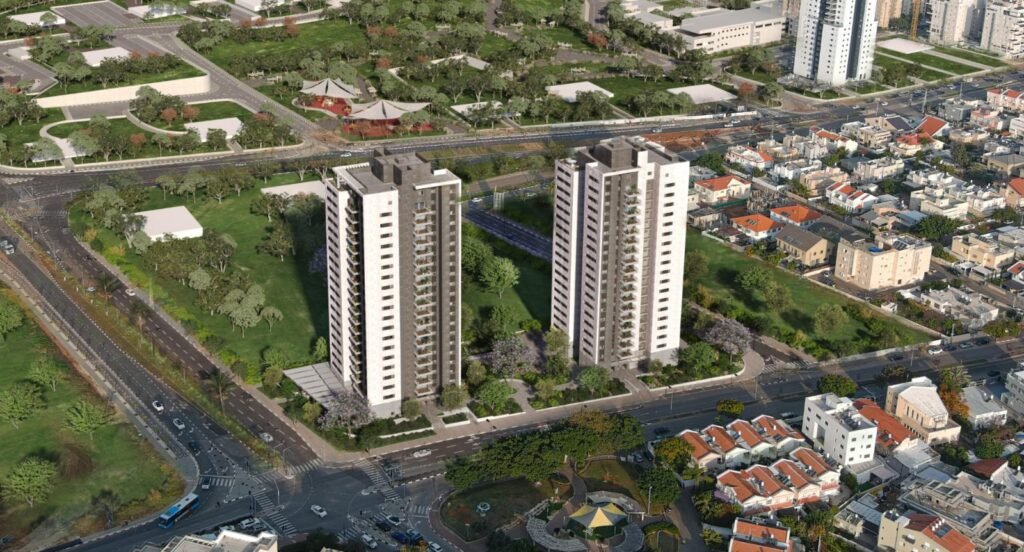 Galei Netanya, Park HaYam East, Netanya: aerial view with the neighborhood park (developer rendering)