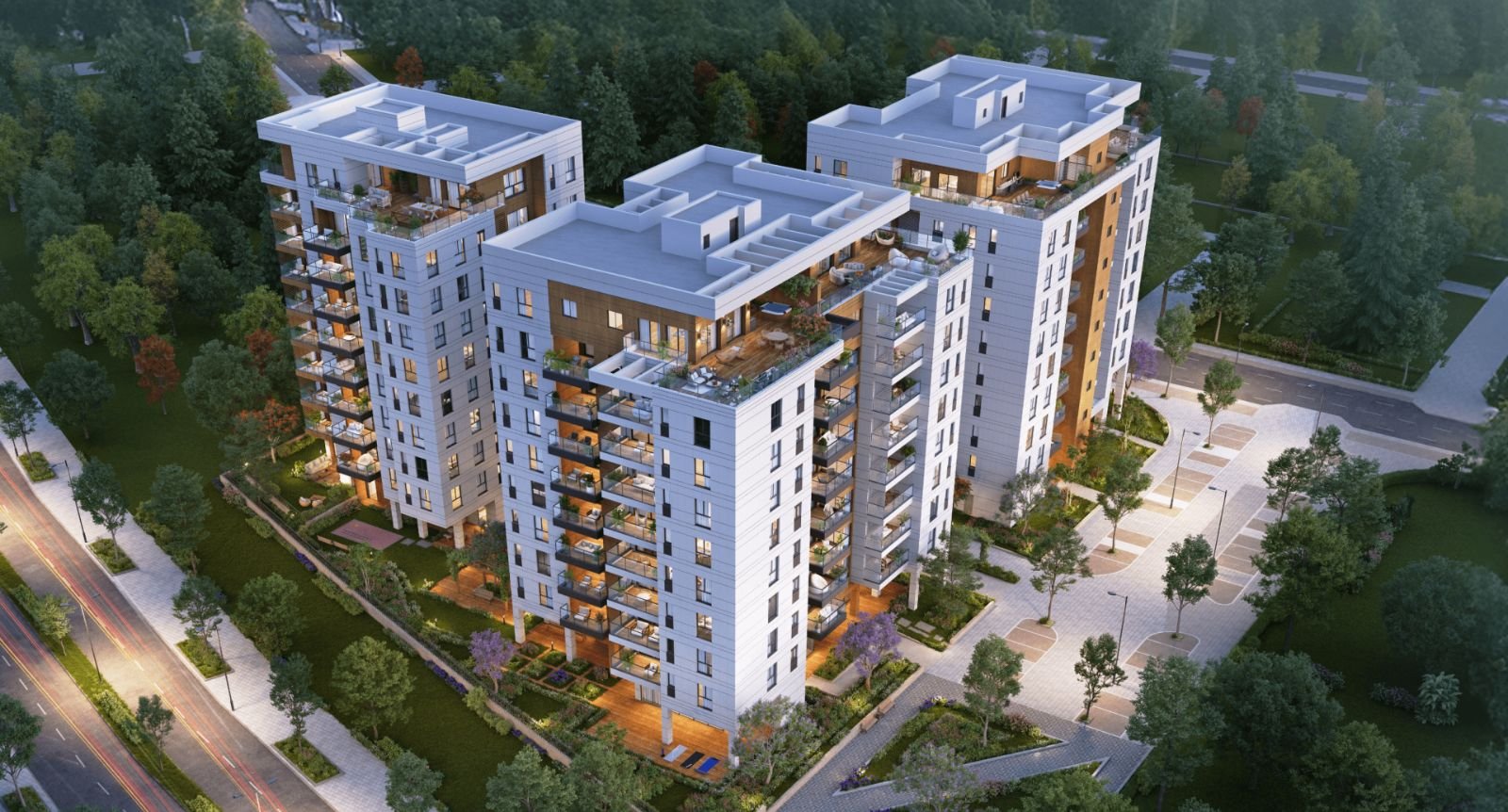 HaMeha Complex, new construction in south Ra'anana: aerial view of the three buildings (developer rendering)