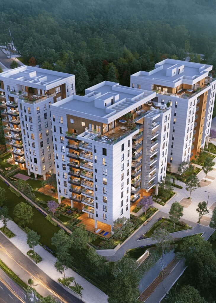 HaMeha Complex, Ra'anana: buildings in the evening (developer rendering)